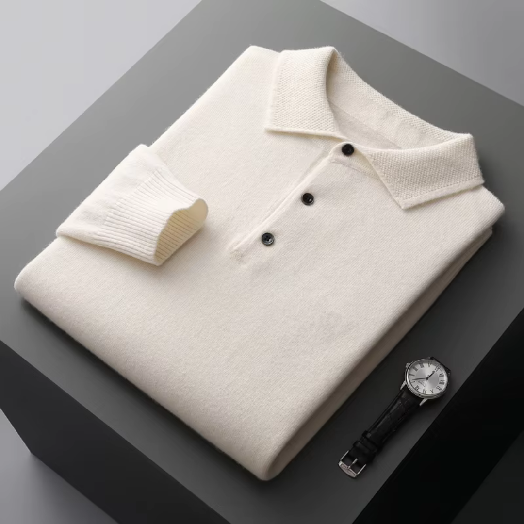 Men's merino wool polo sweater standard fit classic style with button closure and ribbed edges