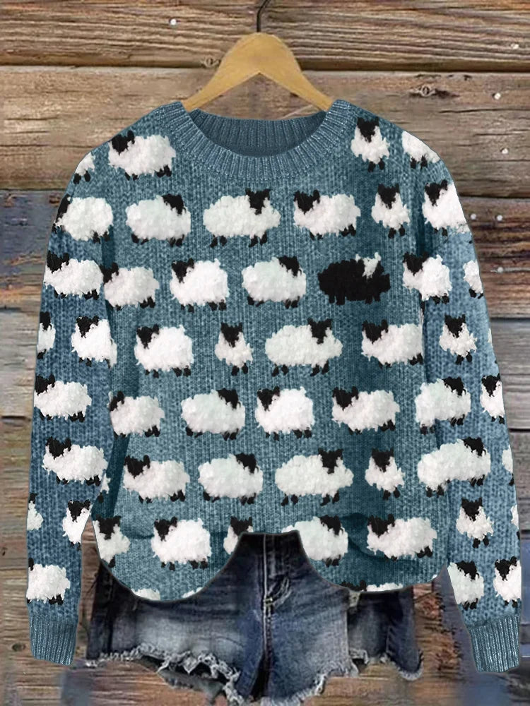 Women's white long sleeve sweatshirt with all-over sheep pattern print, cozy relaxed fit