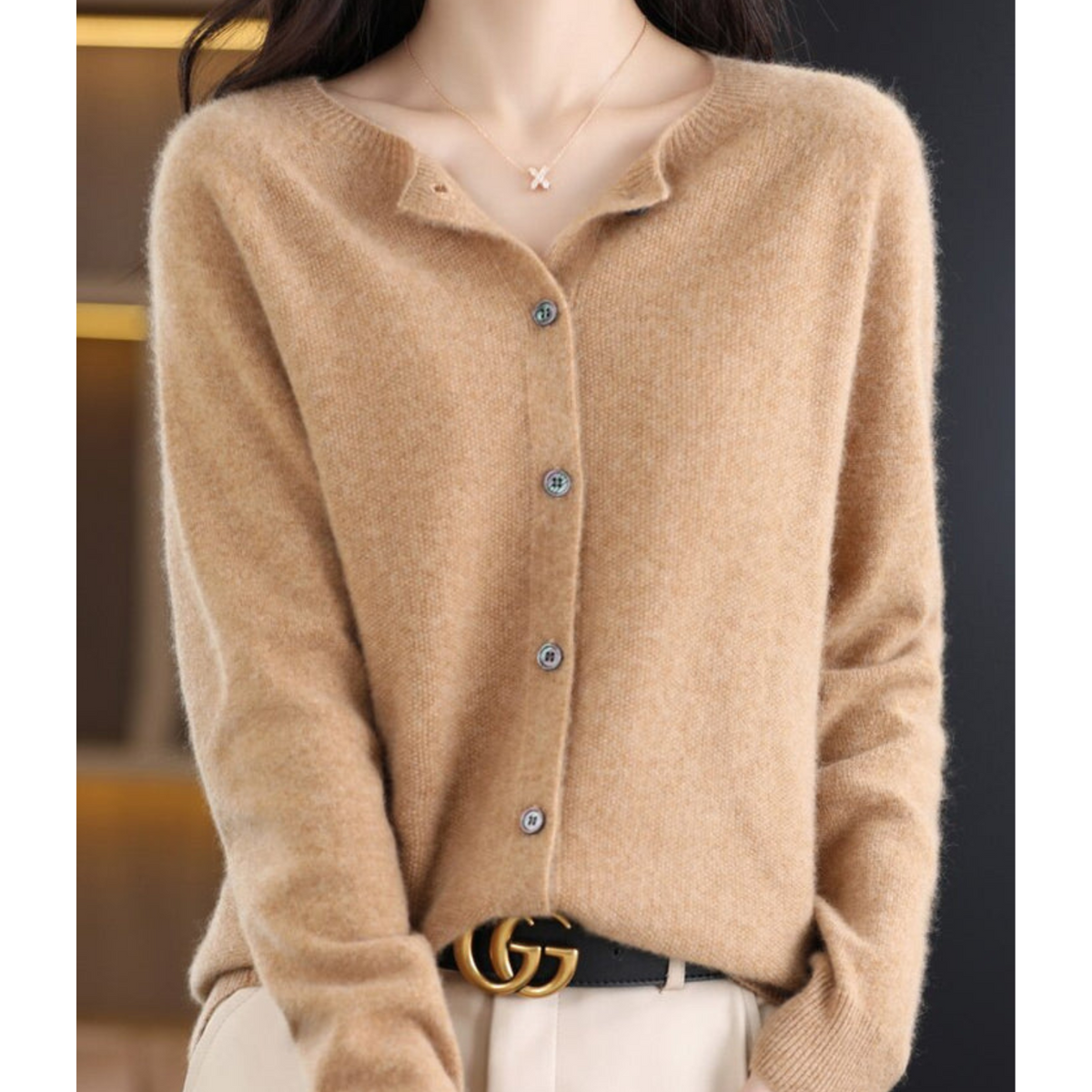 Women's lightweight Merino wool button-front sweater, refined long-sleeve knit with polished silhouette