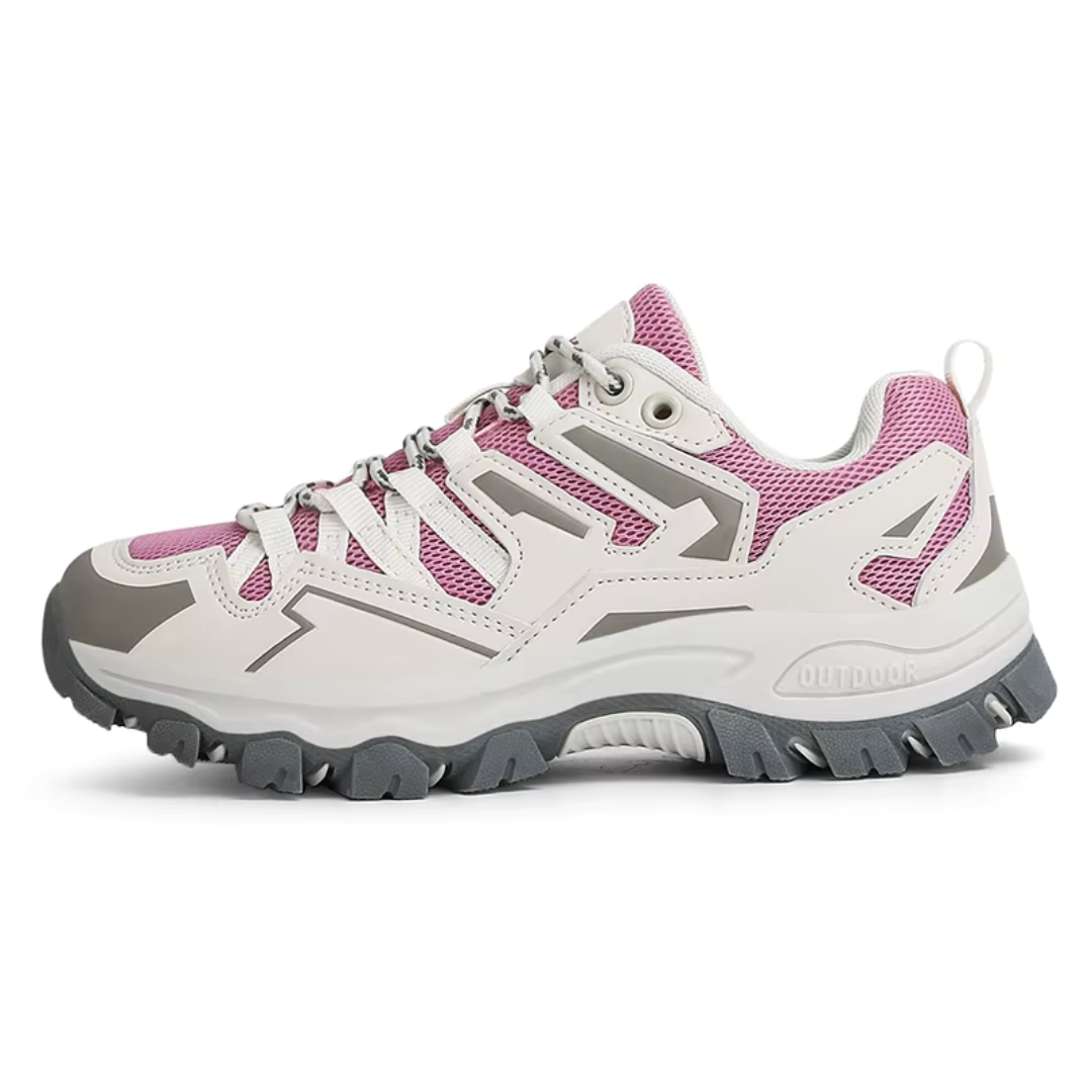 Beige comfort lace-up hiking shoe with breathable mesh upper and trail-ready rubber outsole