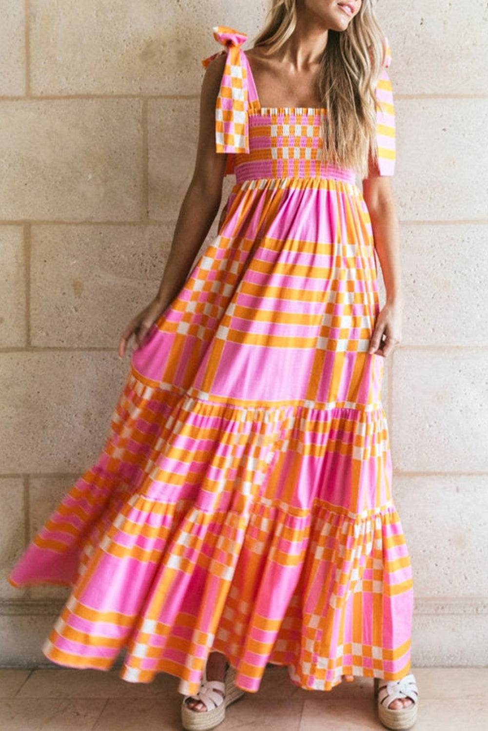 Women's black and white checkered maxi dress, A-line fit with delicate bow shoulder straps