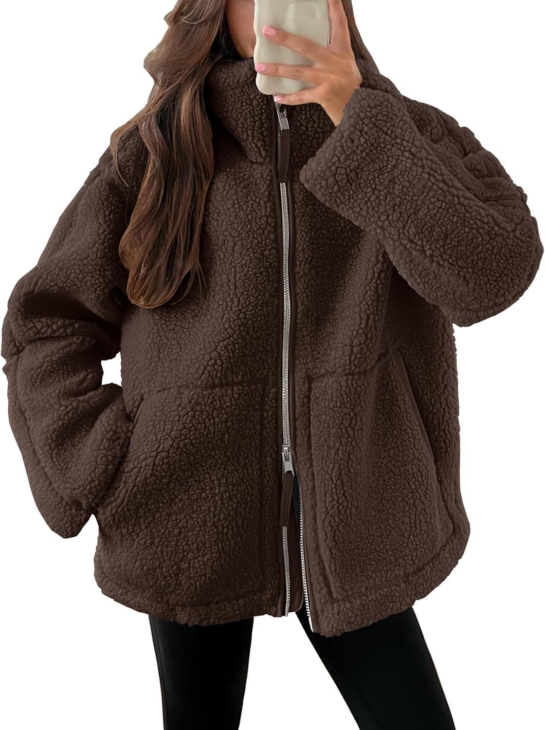 Women's wool blend zip-up jacket in neutral tone, modern relaxed fit with neat lapel collar