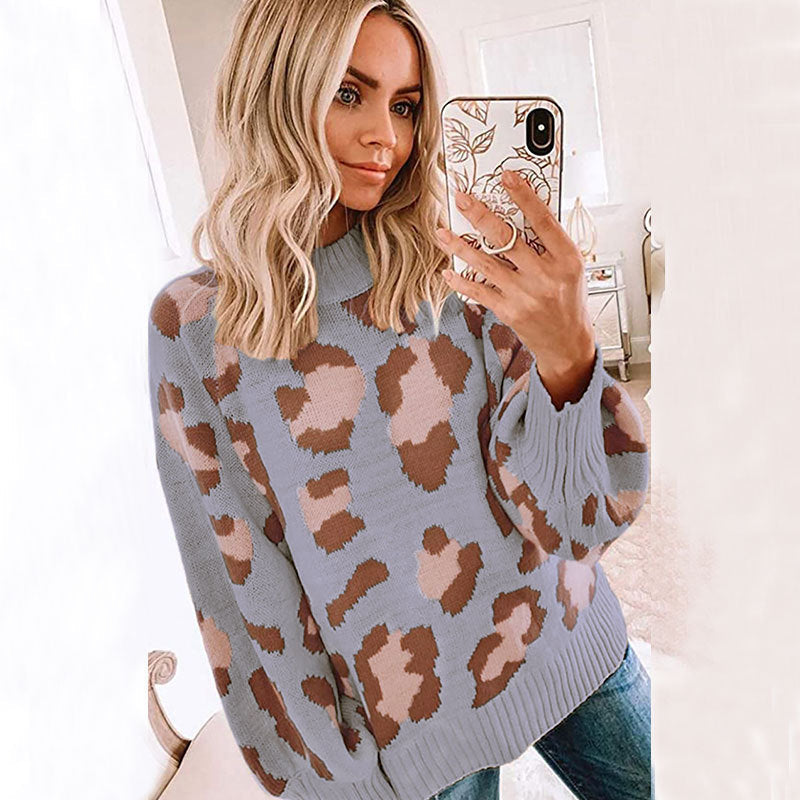 Women's oversized leopard print wool blend crew neck knit sweater cozy everyday casual style