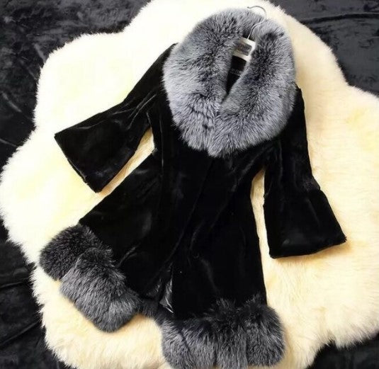 Slim mid-length faux rabbit fur coat with oversized plush collar, elegant white silhouette