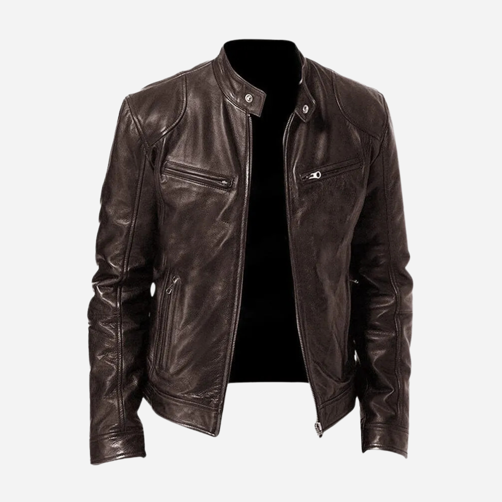 Men's black genuine leather slim fit biker jacket with snap tab collar and front zipper closure