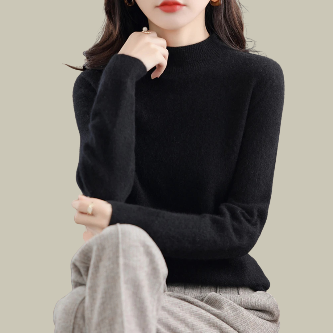Ivy women's slim fit merino wool high neck sweater, ribbed collar, itch-free everyday essential