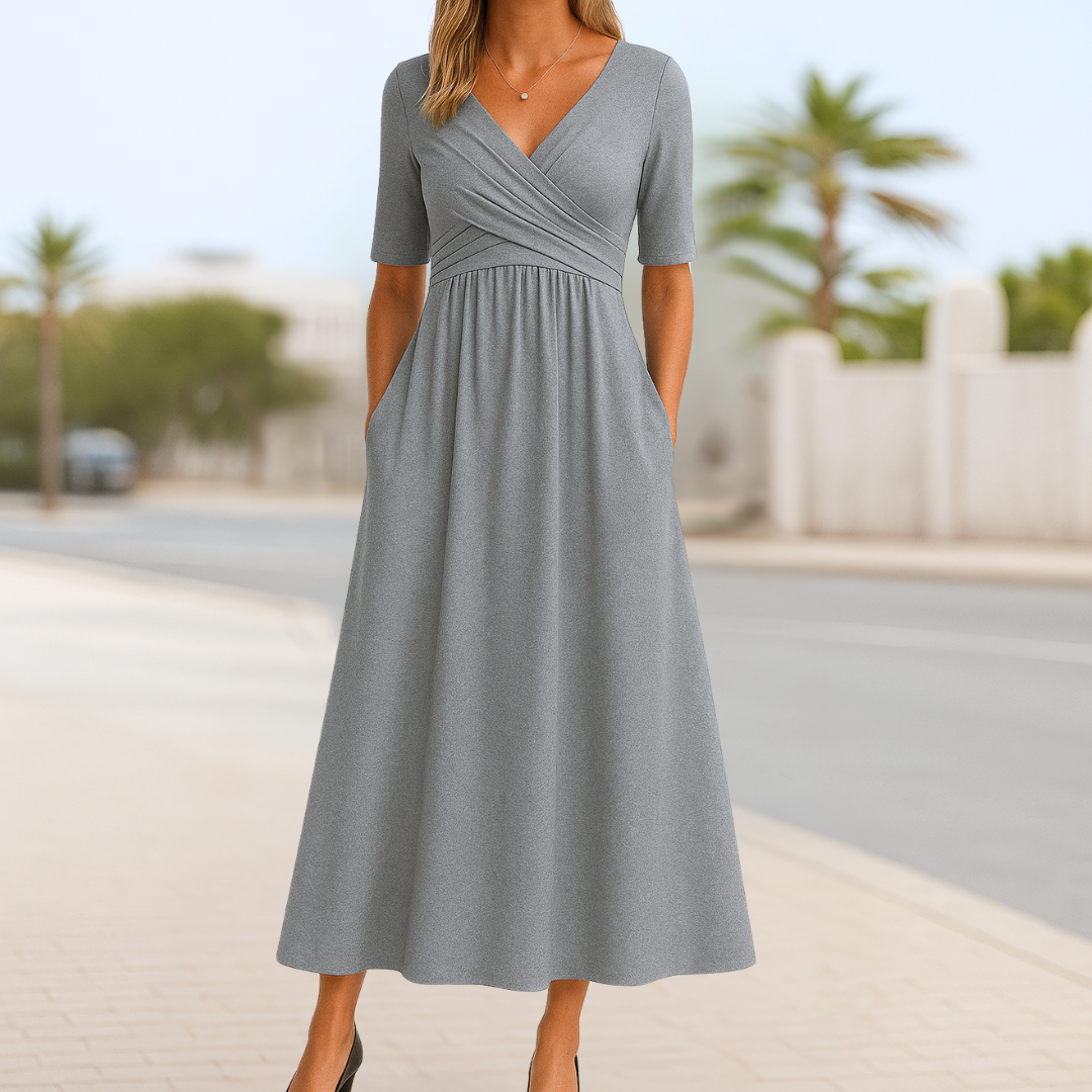 Madeline crossed wrap dress short sleeves soft draping silhouette flattering figure-skimming fit
