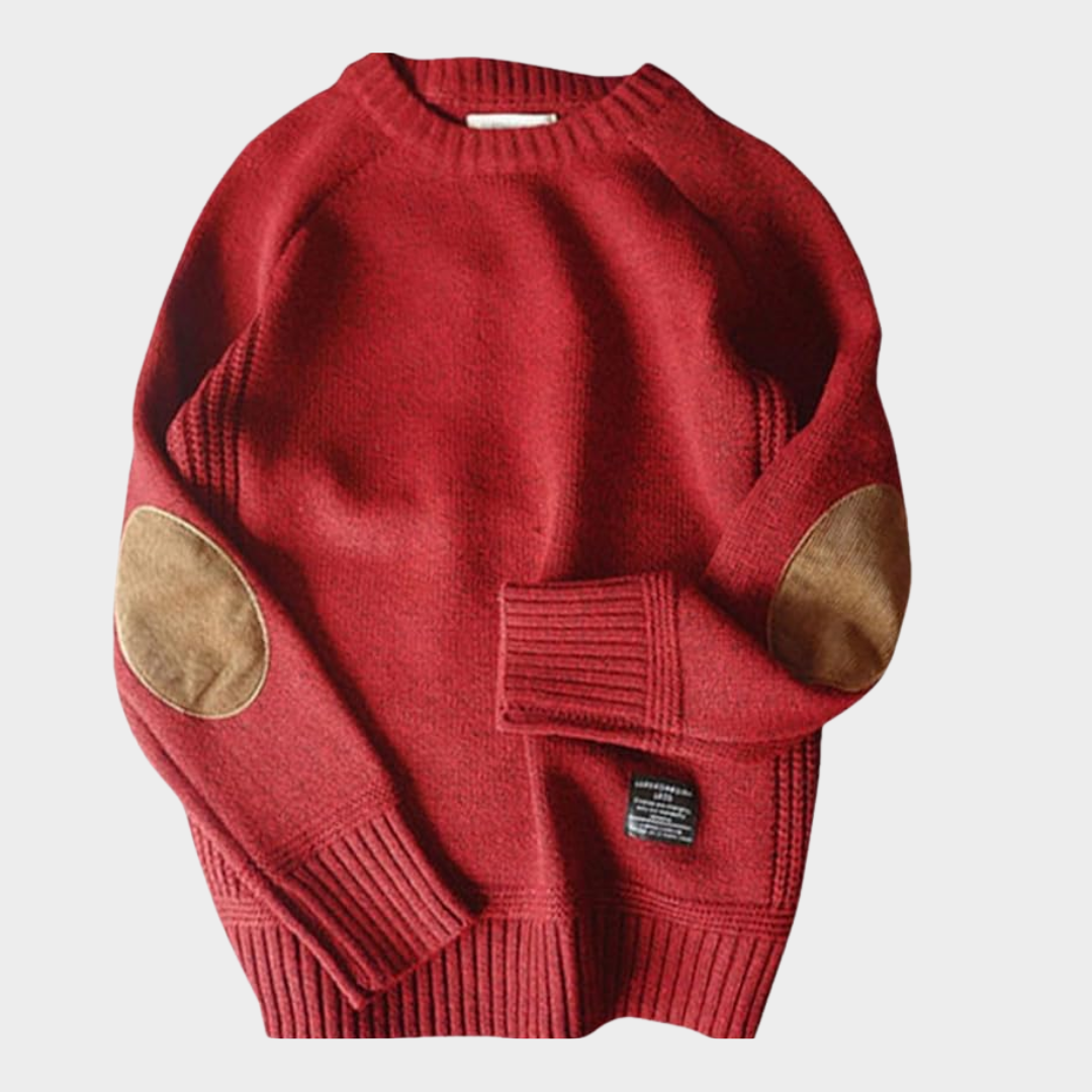 Warm knit sweater with elbow patches, relaxed fit, cozy and sophisticated smart-casual style