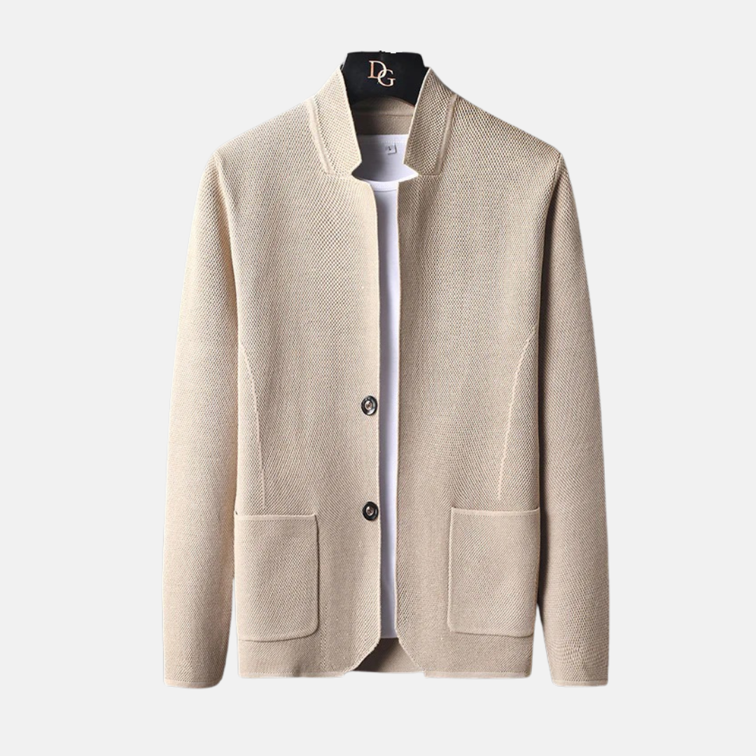 Men's fine knit cardigan band collar two-button front patch pockets smart casual slim fit
