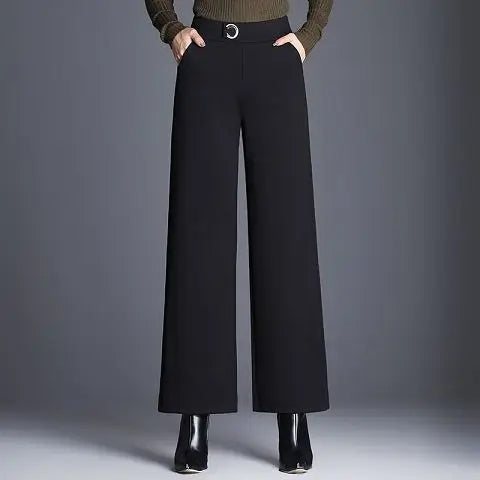 Women's high-waist wide-leg wool check trousers in Nordic pattern, ankle-length business casual fit