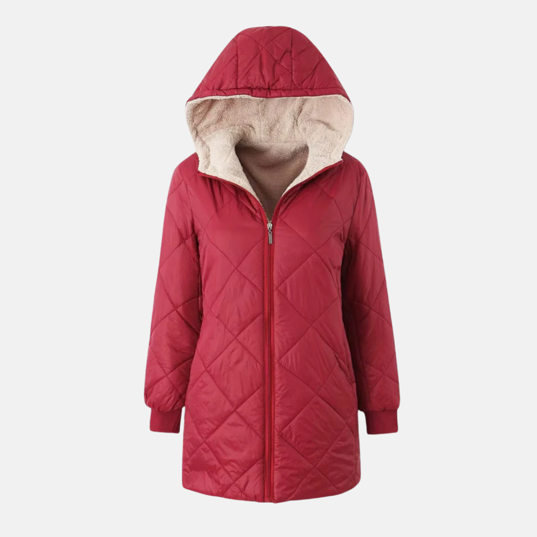 Women's reversible hooded quilted coat diamond stitching mid-thigh length warm winter outerwear