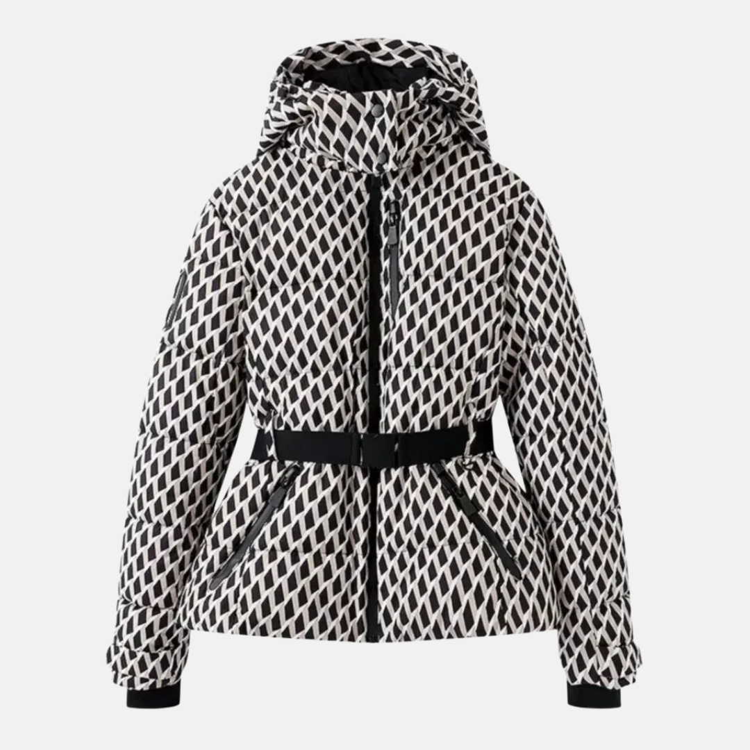 Women's insulated puffer ski jacket with belted waist, hood, zip pockets, waterproof navy blue