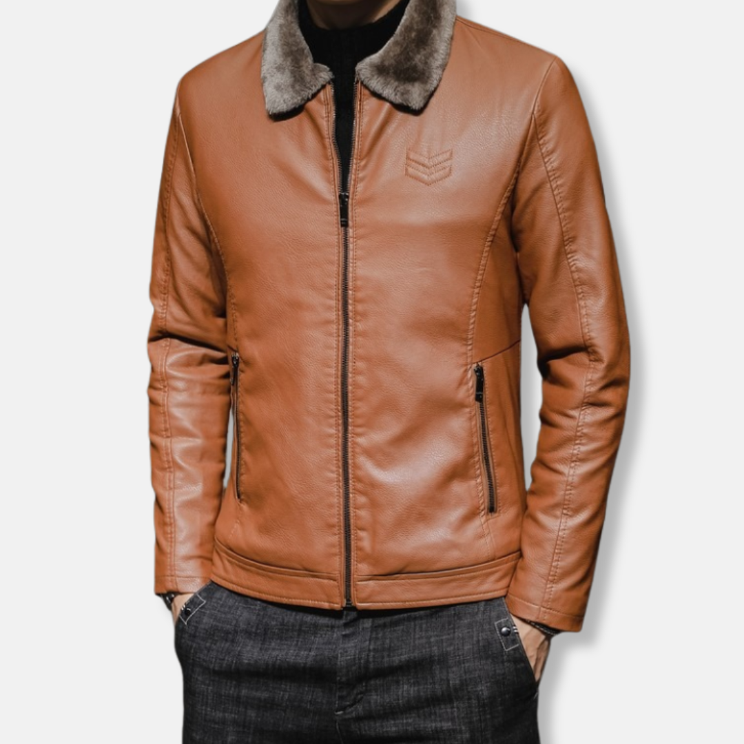 Men's black faux leather hip-length jacket with turn-down collar, full-zip front, faux fur trim