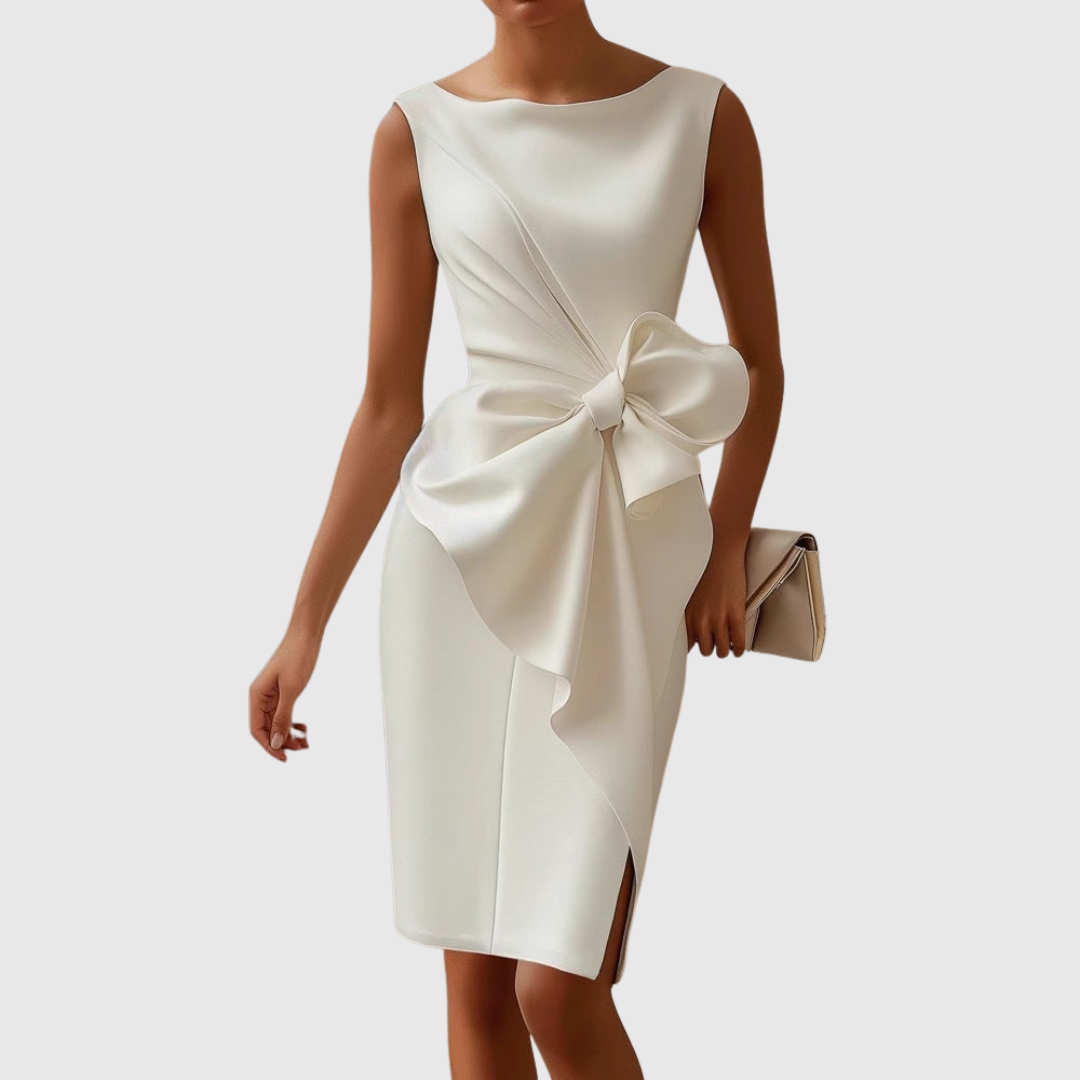 Black sleeveless midi dress with boat neckline, pencil silhouette, and sculptural side bow detail