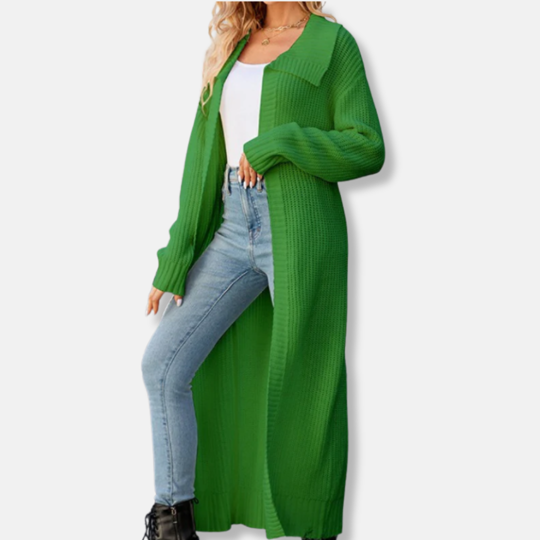 Women's wool knit maxi cardigan loose fit wide lapel layering essential in neutral tone