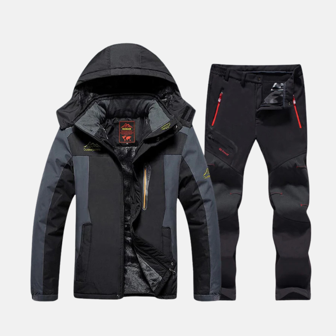 Men's two-piece outdoor set woven shell jacket fleece lining adjustable hood zippered pockets
