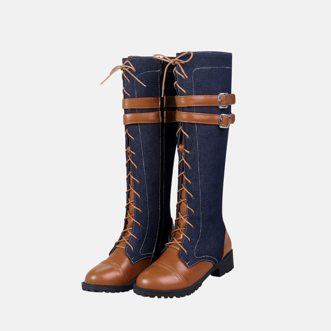 Women's black faux leather knee-high boots with lace-up front and buckle strap details