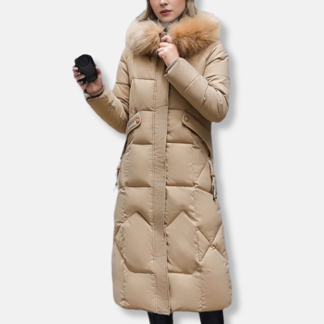 Women's long quilted padded coat slim fit full length with detachable fur collar warm winter style