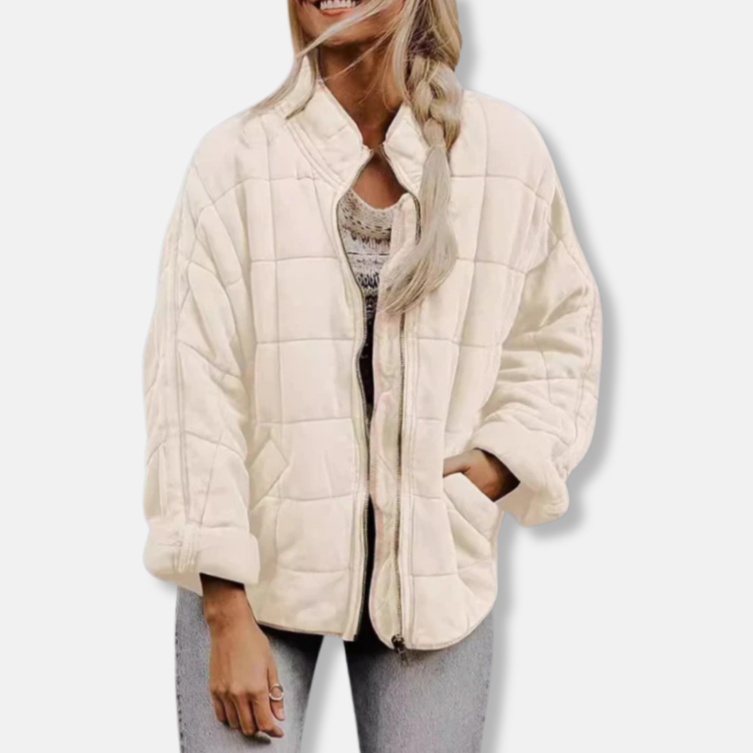 Women's oversized quilted coat relaxed fit stand collar full zip hip length cozy layering outerwear