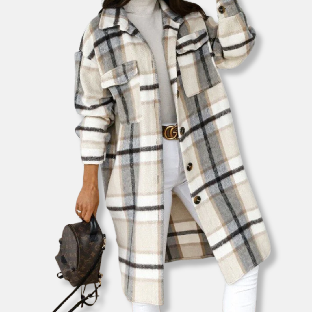 Women's plaid shirt coat thick woven fabric oversized fit long sleeve mid-thigh length