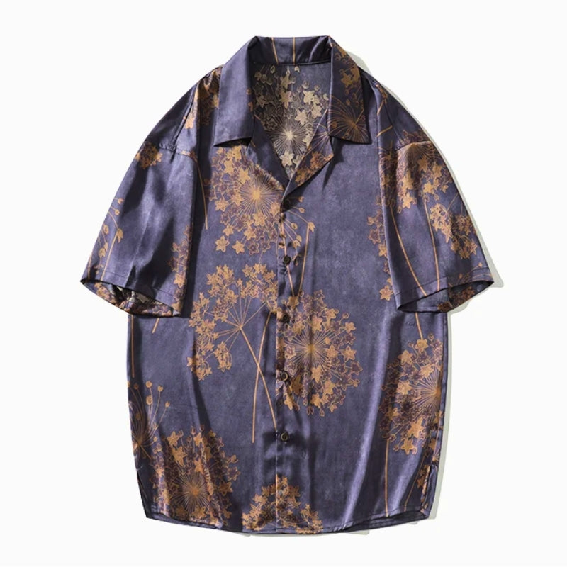 Men's rust brown satin floral print short sleeve shirt with relaxed fit breathable fabric