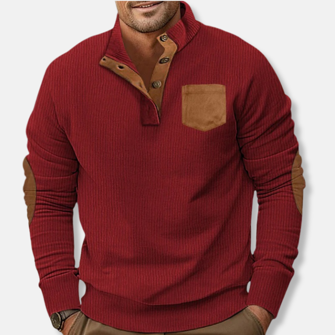 Men's ribbed knit sweatshirt stand collar contrast elbow patches casual pullover