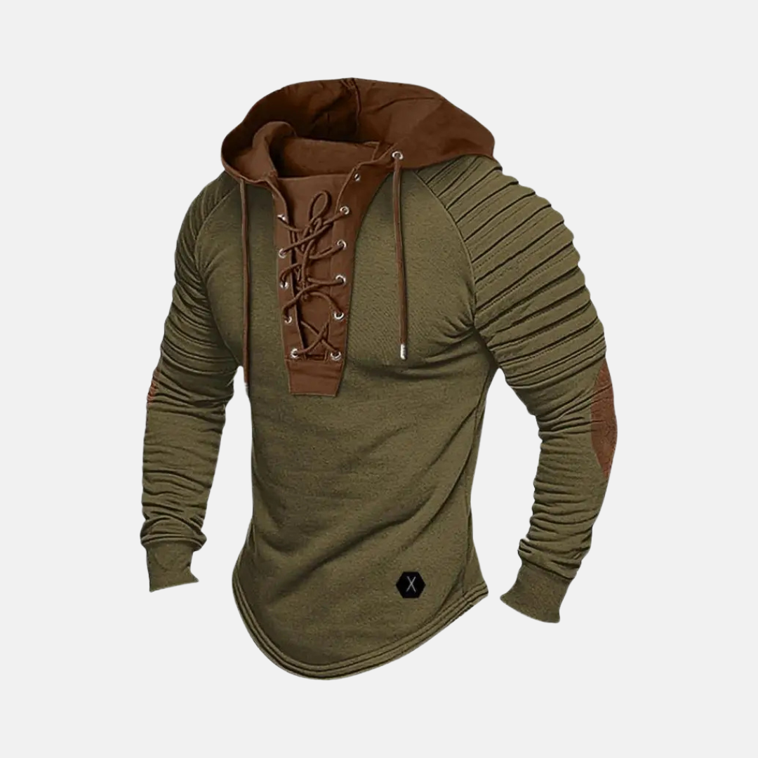Men's slim fit hip-length hoodie with lace-up neck placket and ribbed sleeves in casual style