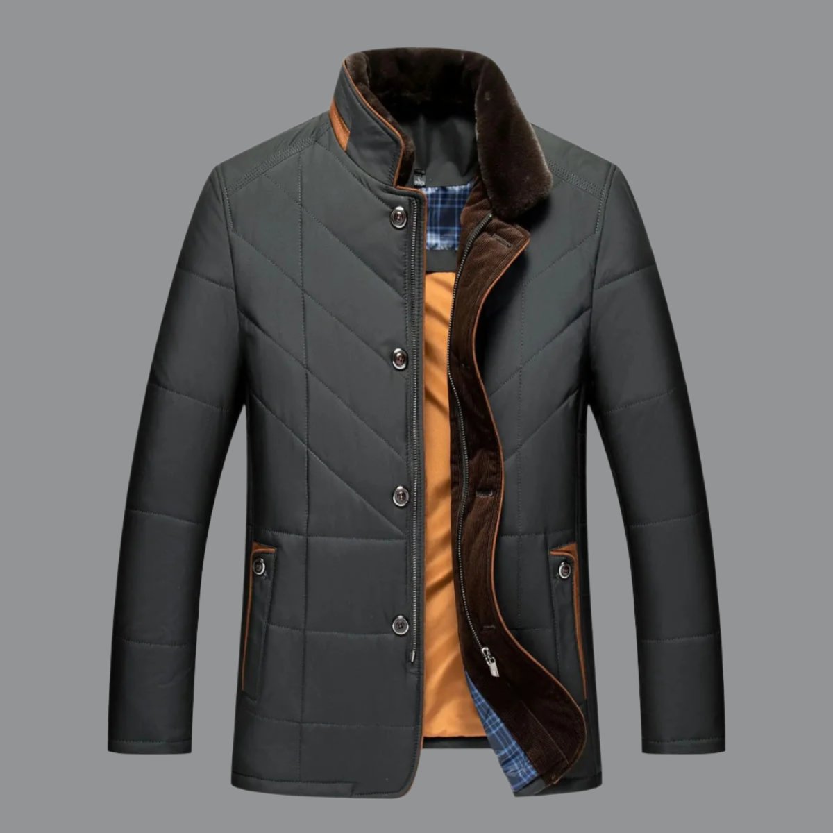 Alden tailored wool jacket, classic neutral tone, slim-fit silhouette with thermal insulation lining