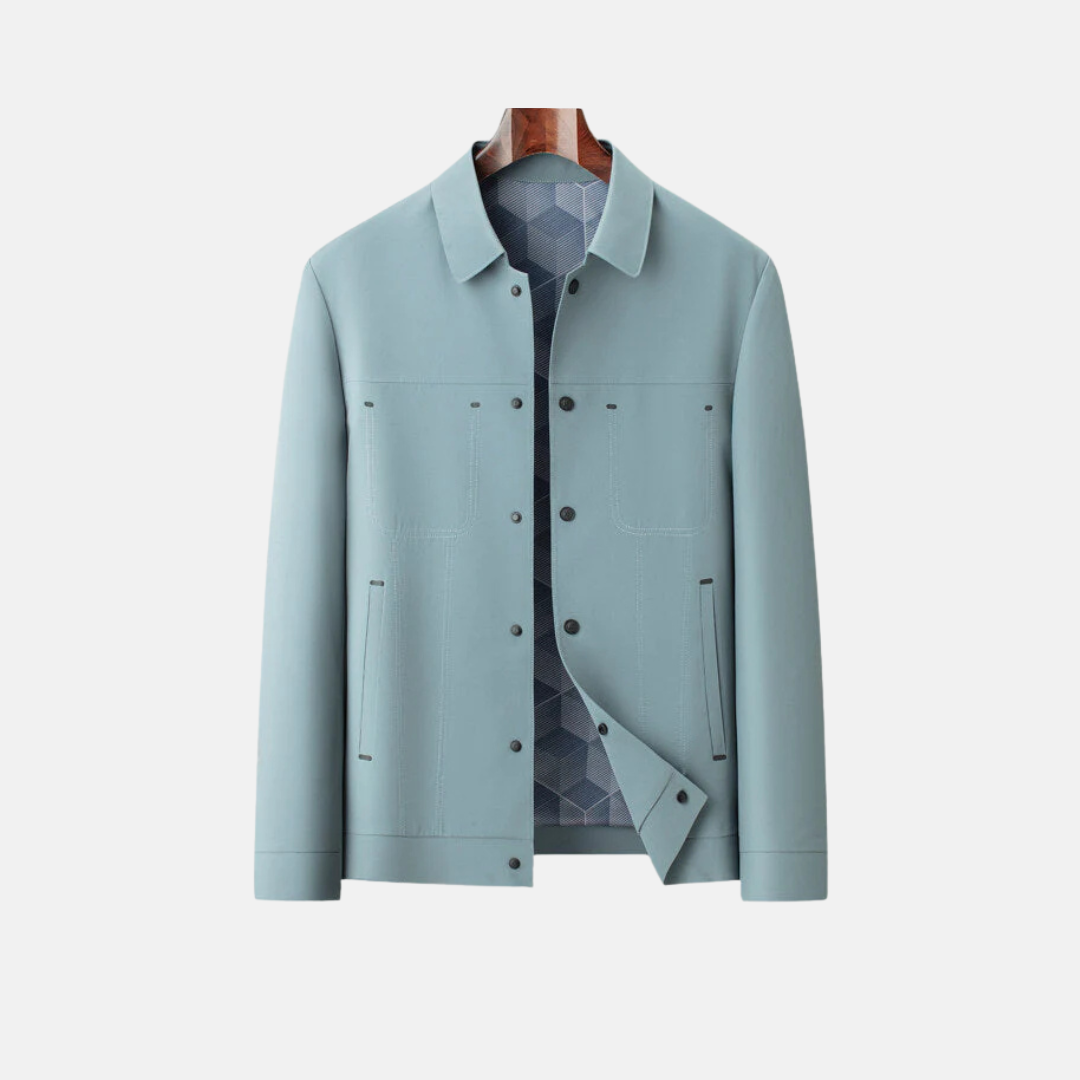 Men's relaxed fit casual hip-length jacket with button front and patterned lining by Wavlynn