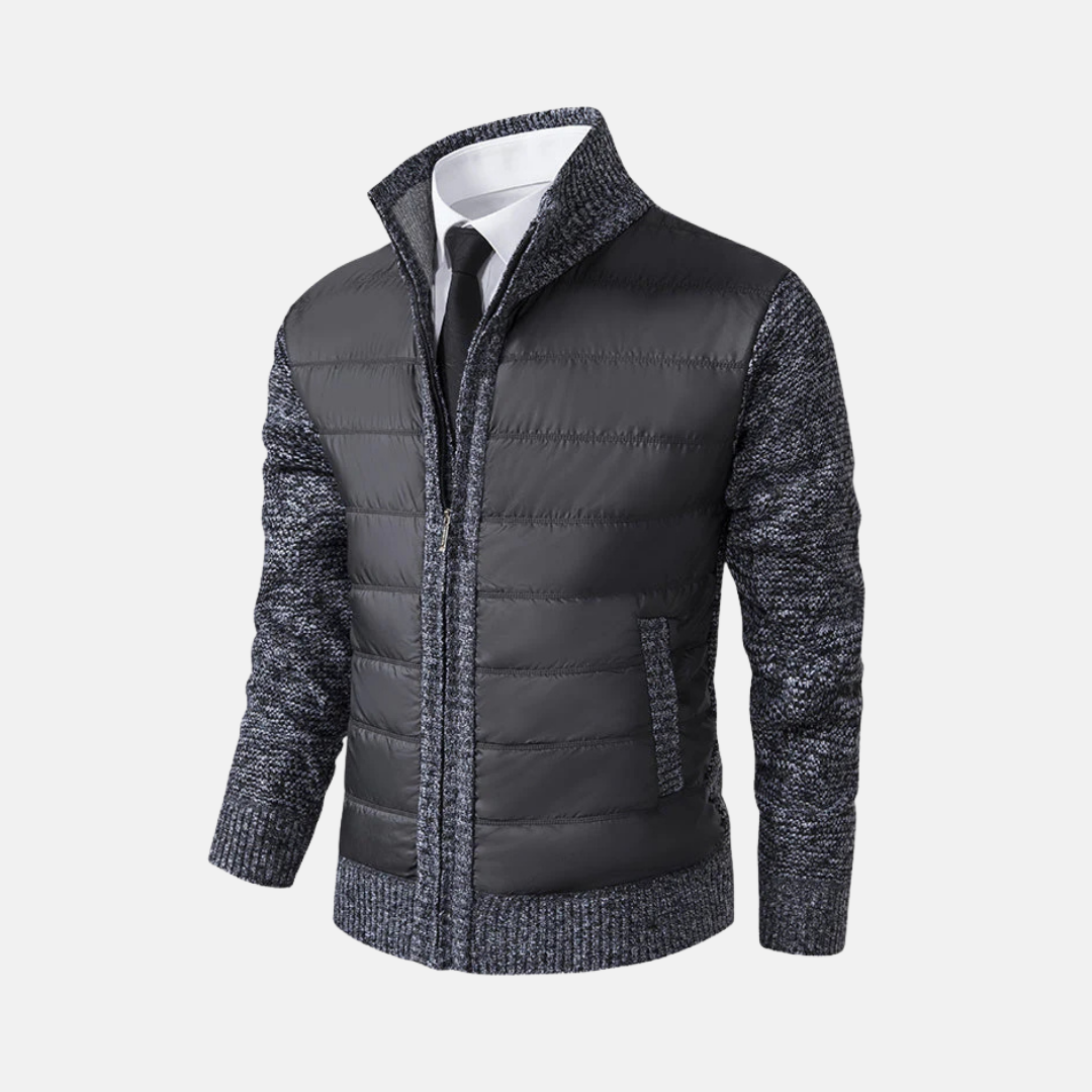 Men's burgundy slim fit jacket with stand collar and knitted sleeves, acrylic blend smart-casual layer
