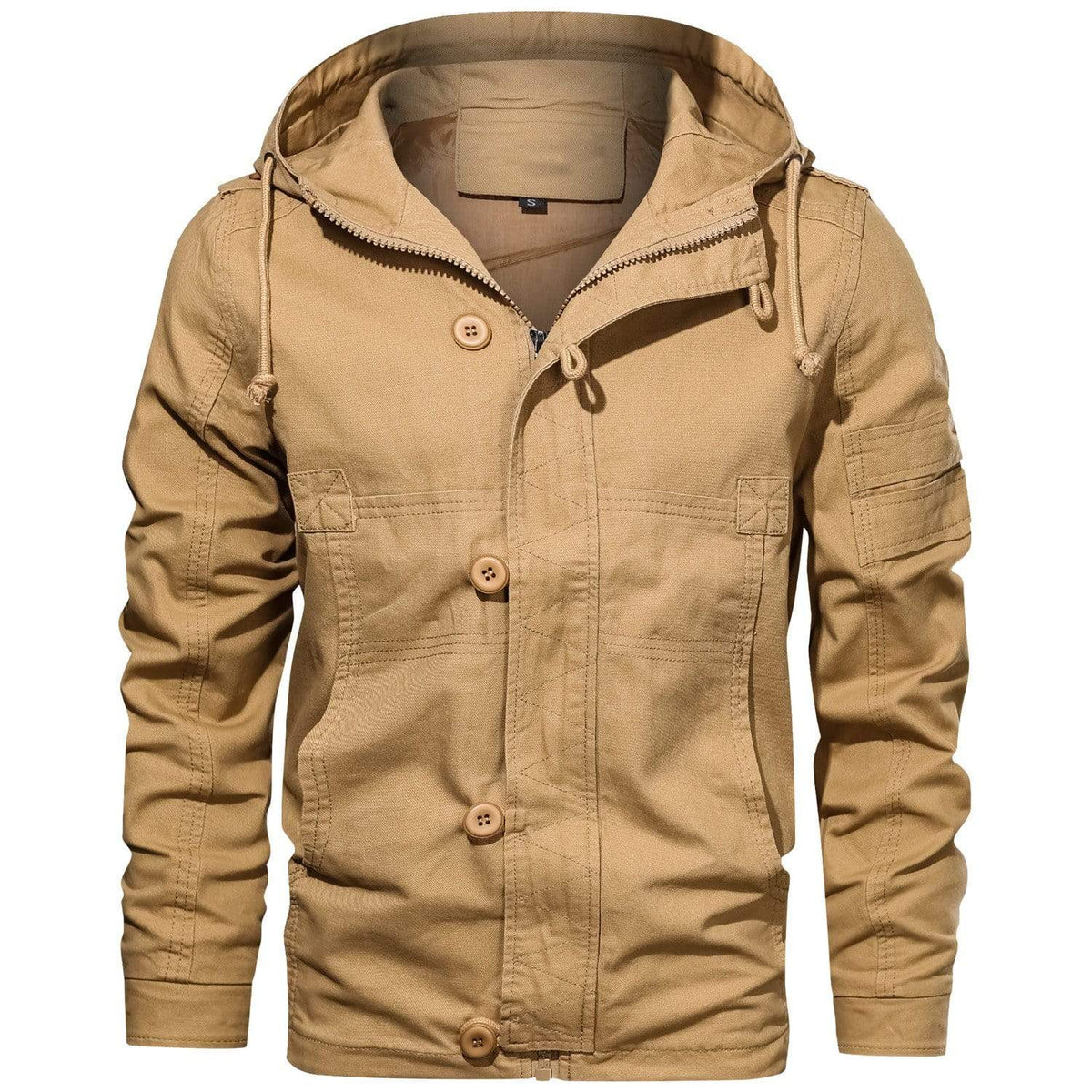 Men's olive utility jacket with adjustable drawcord hood, multiple pockets, all-weather rugged design