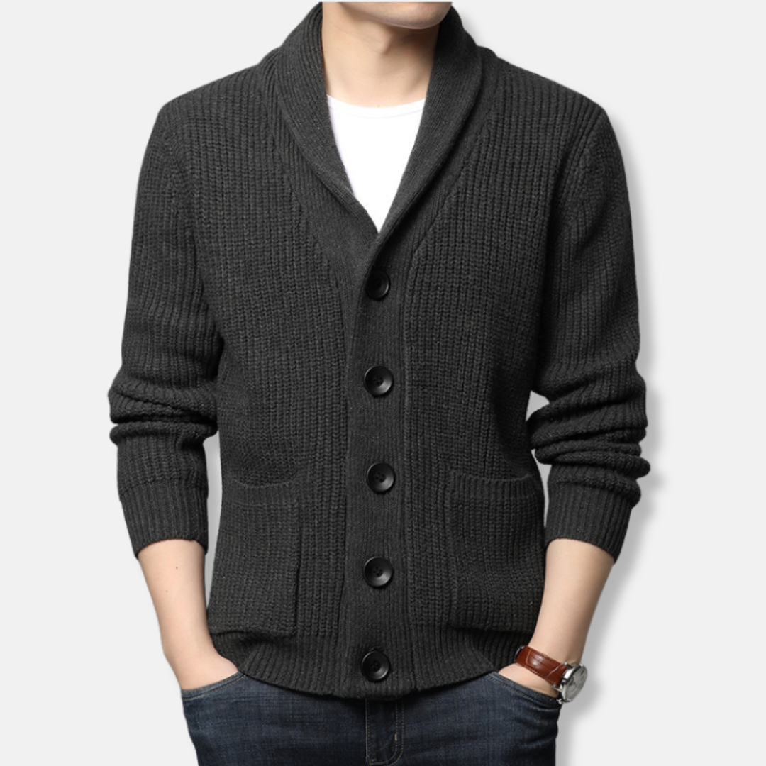 Men's ribbed knit cardigan sweater with shawl collar, button front, and patch pockets