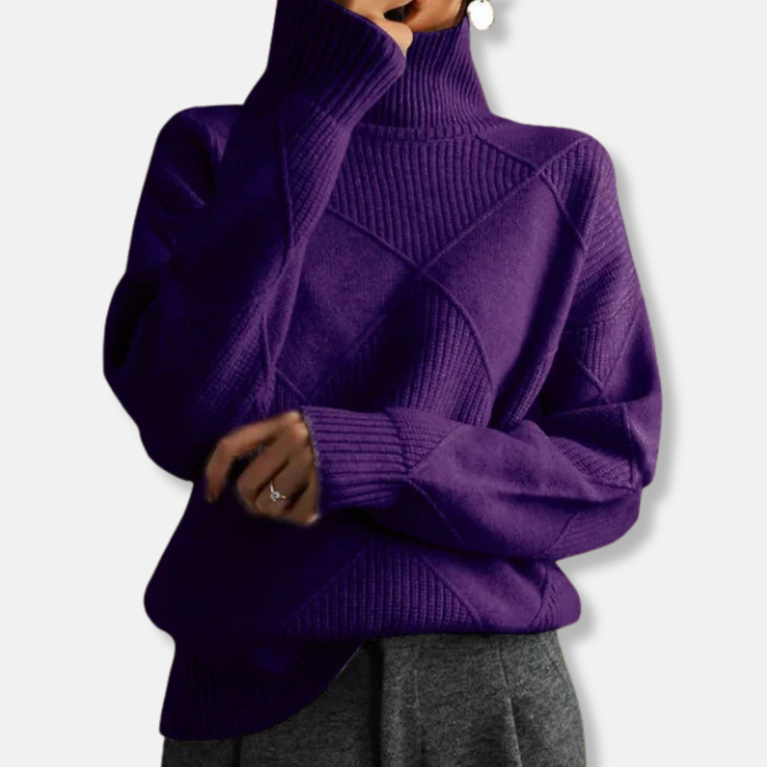 Women's beige relaxed fit turtleneck sweater with ribbed diamond knit texture and hip-length cut