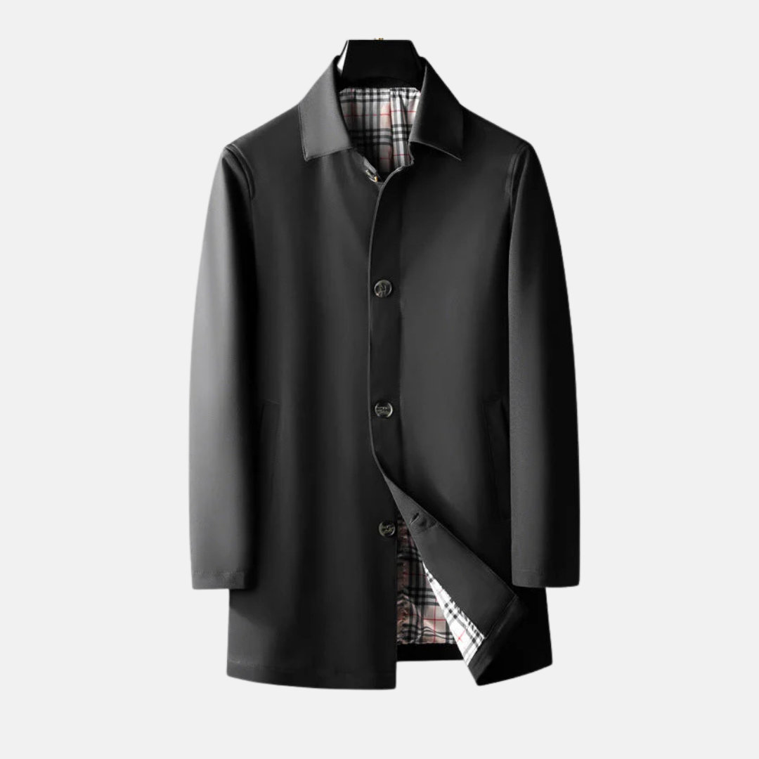Men's charcoal wool blend tailored fit overcoat with button front closure and lined interior formal wear