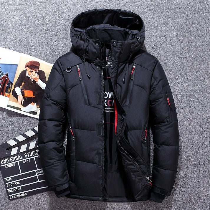 Men's black quilted puffer jacket with detachable hood, windproof insulated winter coat urban style