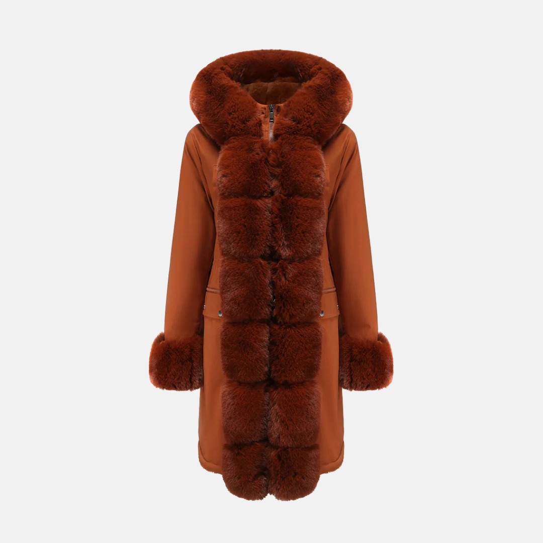 Women's full-length wool-blend coat with faux fur hood and cuffs, regular fit winter outerwear