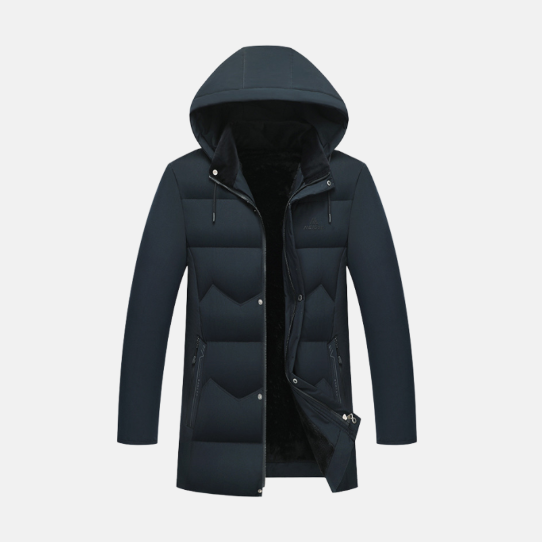 Men's black quilted padded coat regular fit with plush-lined hood, weather-resistant winter outerwear