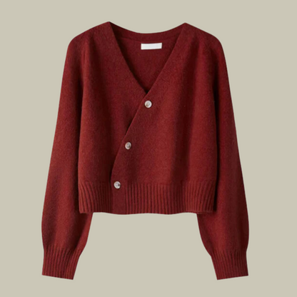 Women's merino wool V-neck cardigan with cross-button wrap closure in classic neutral tone