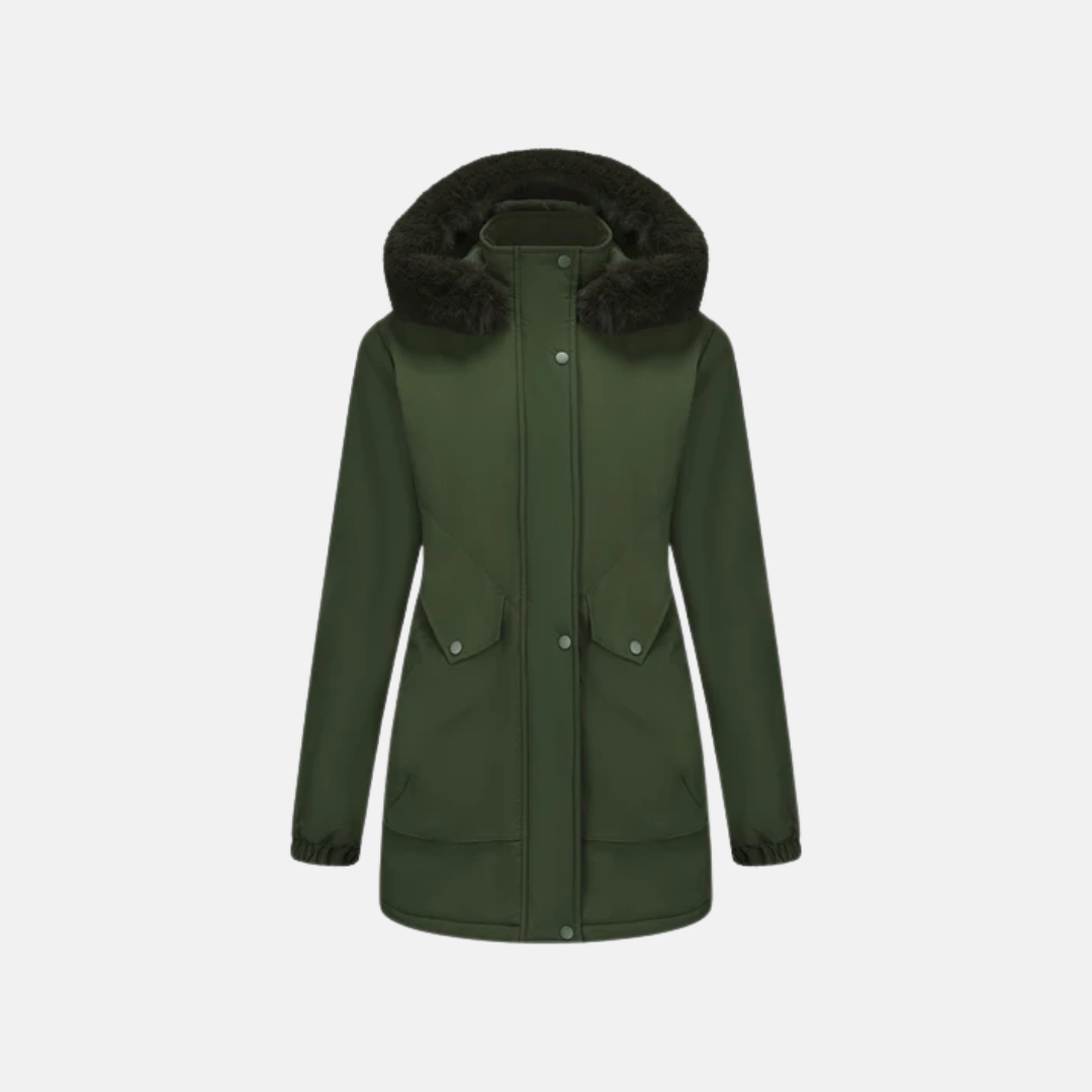Women's mid-length parka jacket with faux fur hood, adjustable waist, and snap closure
