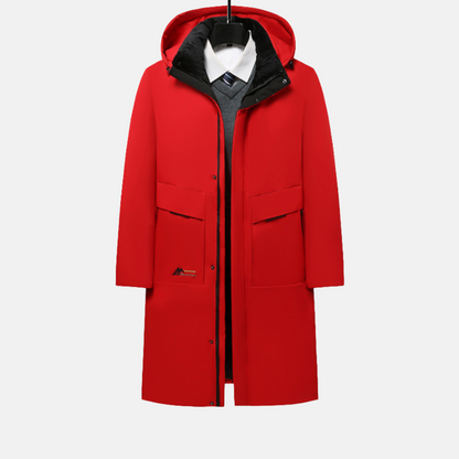 Men's full-length insulated long coat regular fit with snap button closure and hooded design