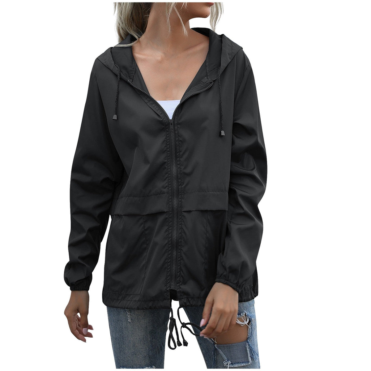 Women's lightweight hooded windbreaker jacket with adjustable drawstring waist, relaxed zip-up fit