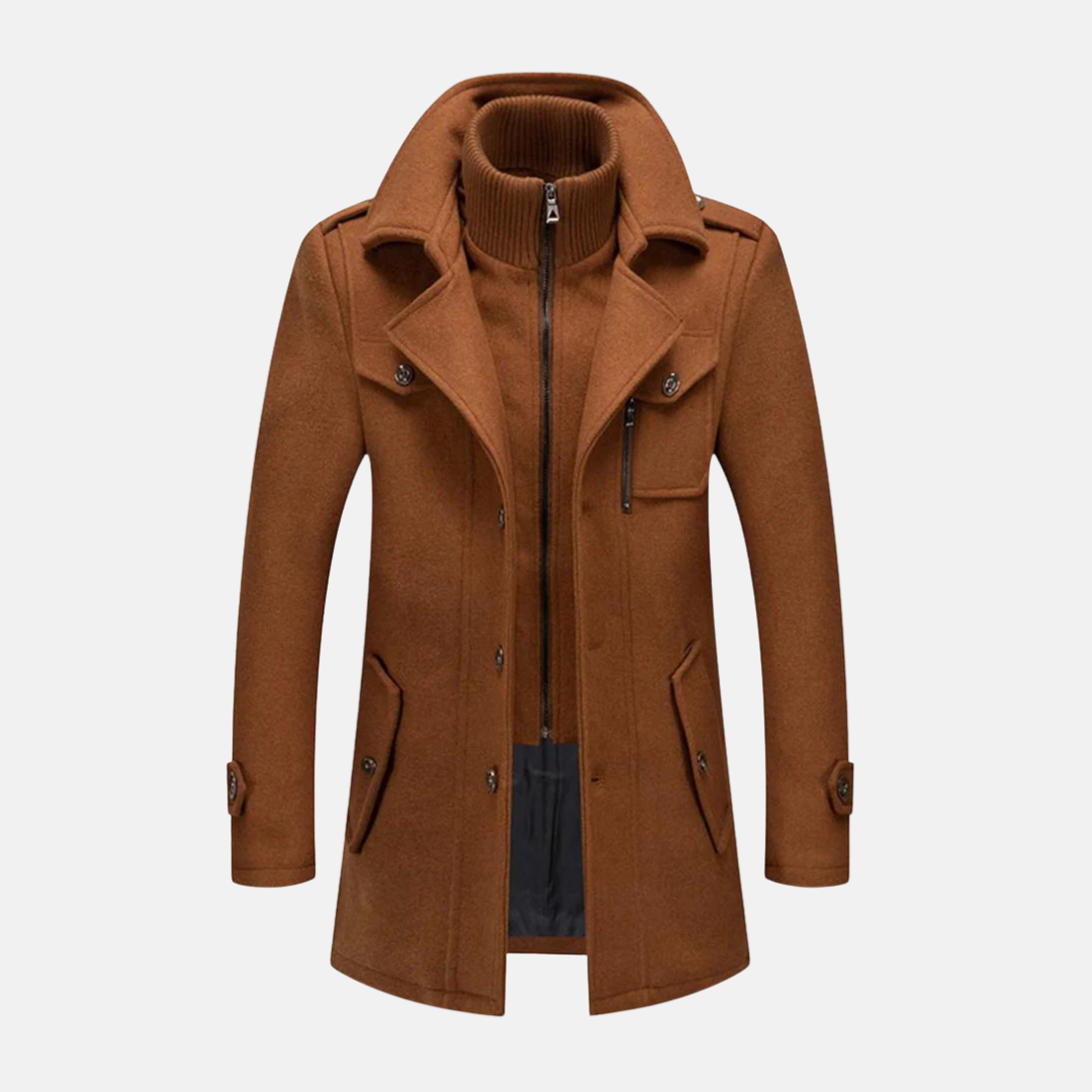 Men's charcoal wool blend slim fit mid-thigh coat with double collar and structured epaulet detail