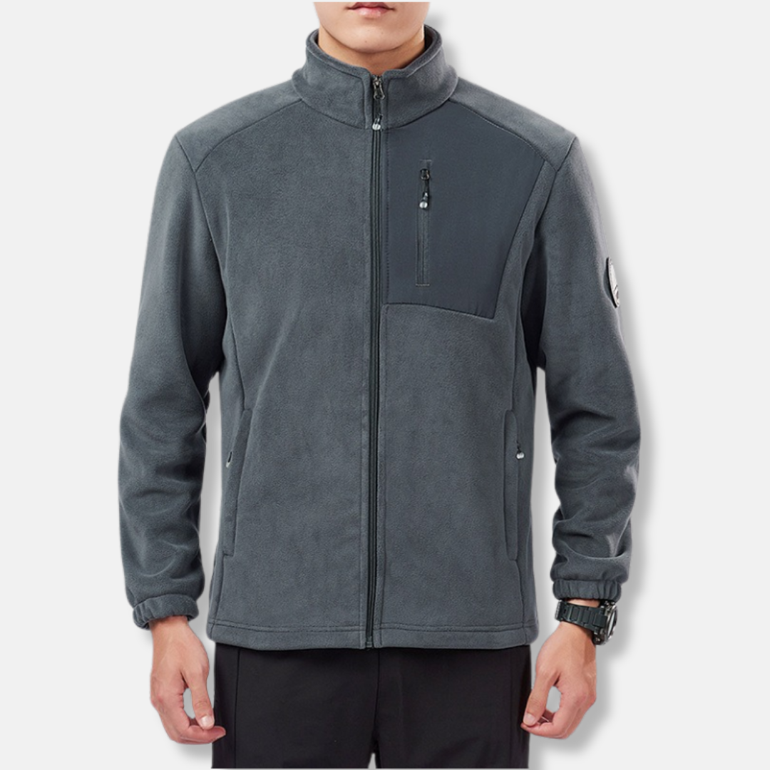 Men's gray fleece jacket stand collar full zip regular fit versatile layering outerwear