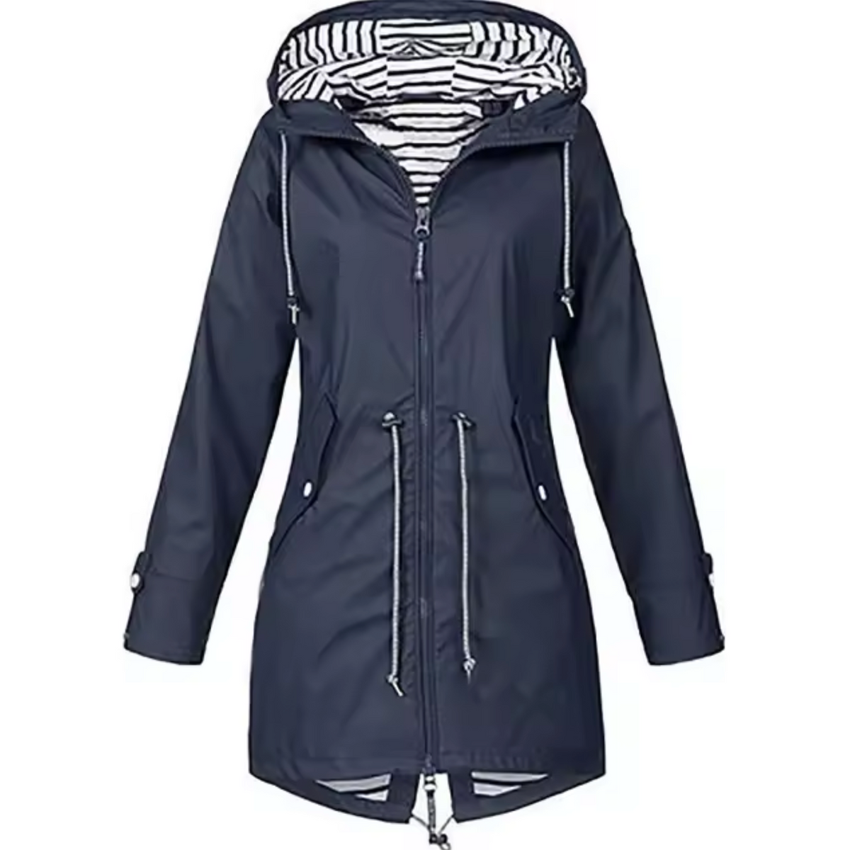 Women's waterproof hooded rain jacket adjustable waist long silhouette Wavlynn Scandinavian style