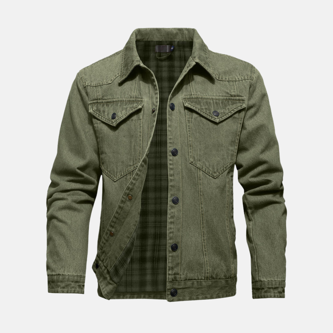 Men's relaxed hip-length blue denim jacket with button front closure and chest pockets for casual layering