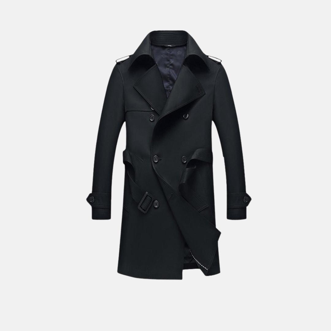 Men's slim fit double-breasted trench coat with detachable belt, tailored silhouette for professionals