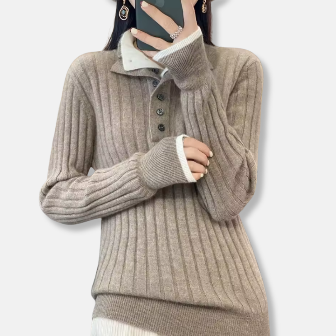 Women's ribbed knit pullover sweater polo collar four-button placket straight silhouette