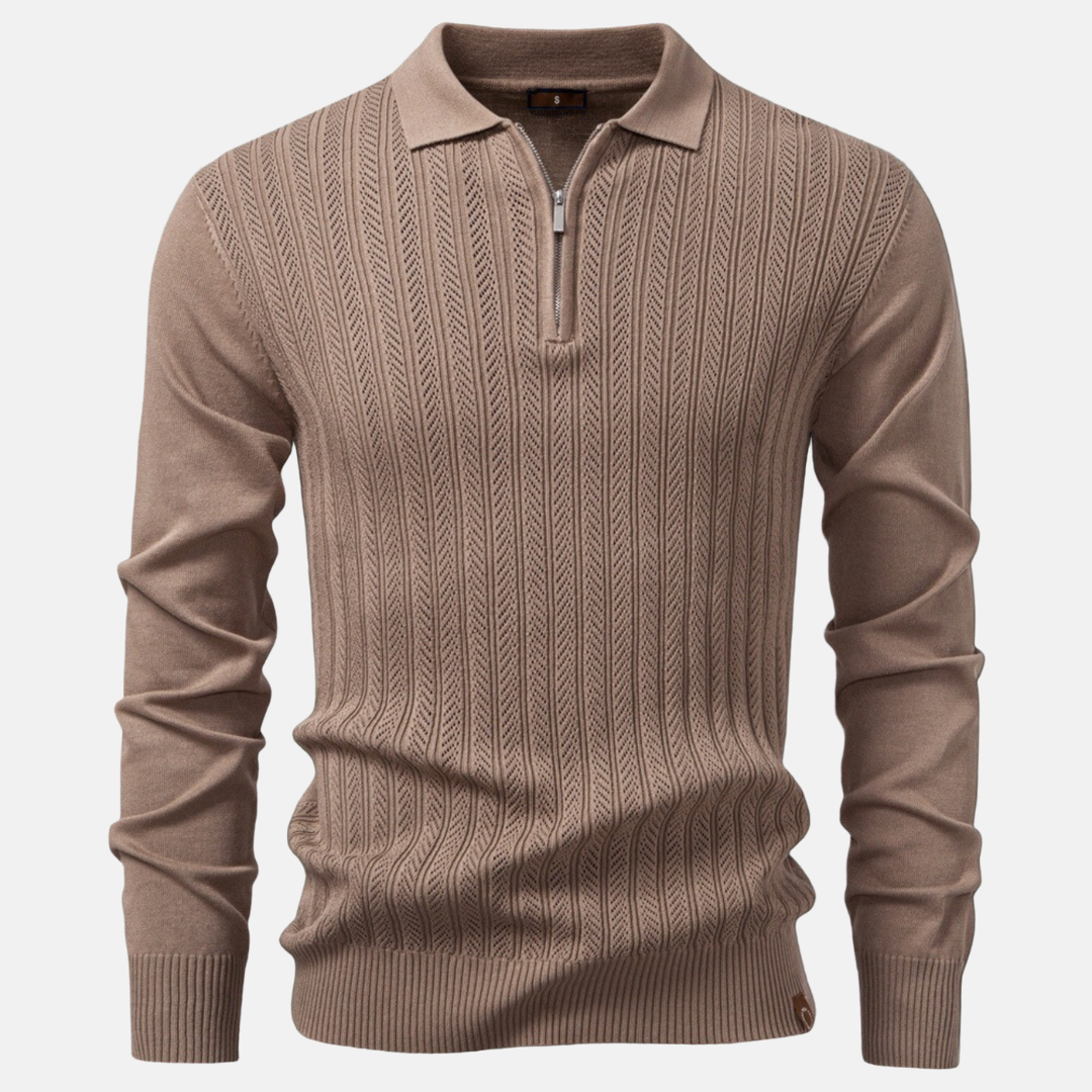 Men's slim fit half zip polo collar knit blend sweatshirt in neutral tone for smart casual wear