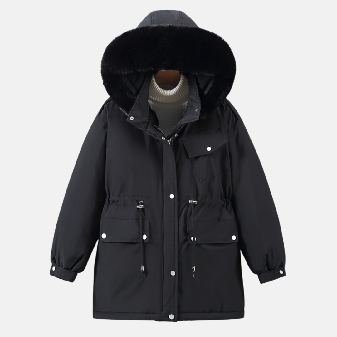 Women's mid-length weather-resistant parka jacket with faux fur hood in versatile cozy style