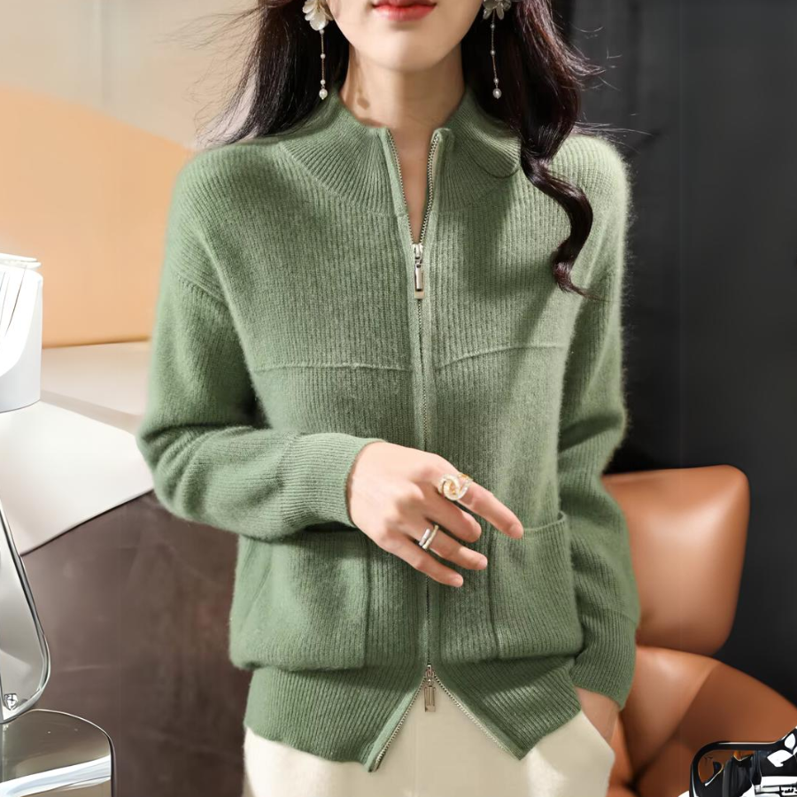 Catherine merino wool zip-up sweater relaxed fit high neckline superior insulation soft silky feel